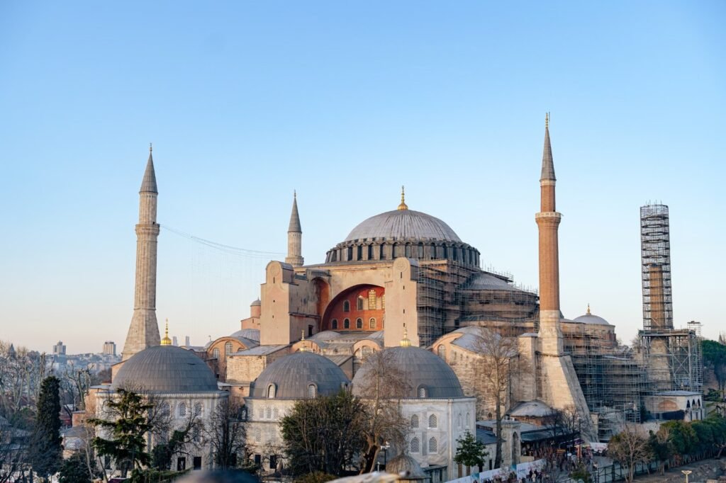 Exterior view of Hagia Sophia in Istanbul, a former Byzantine cathedral and Ottoman mosque.