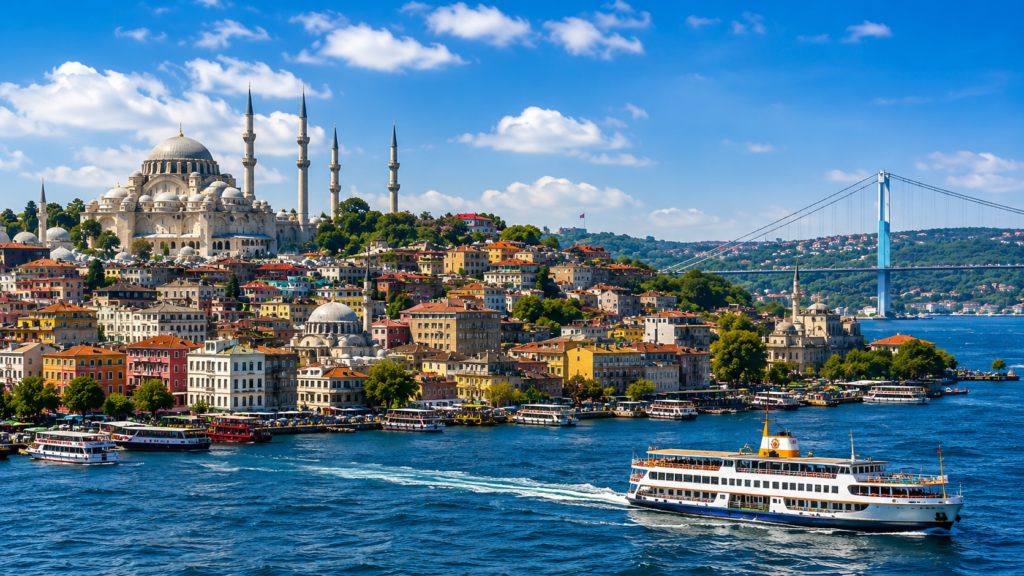 Istanbul Bosphorus skyline with historic mosque, ferries, and suspension bridge.