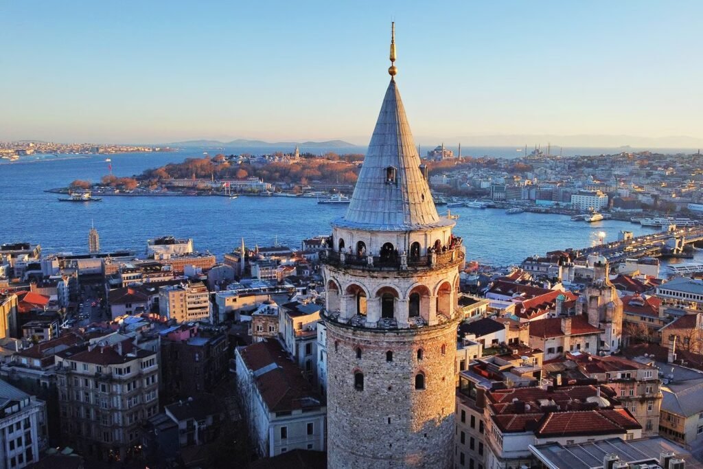 The medieval stone Galata Tower rising above Istanbul's Beyoğlu rooftops.